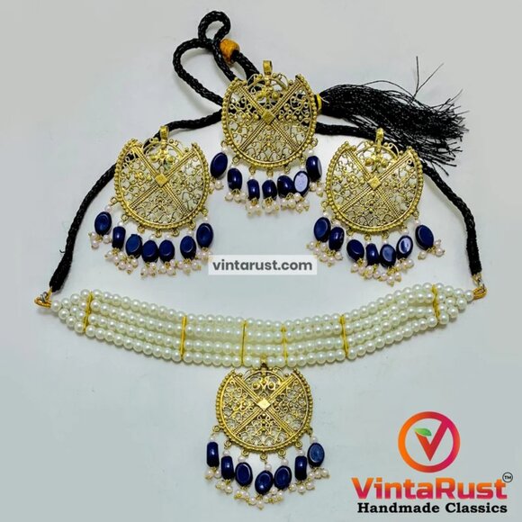 Pearls Jewelry Set, White Pearls Handmade Beaded Jewelry Set, Ethnic Choker - Picture 2 of 4